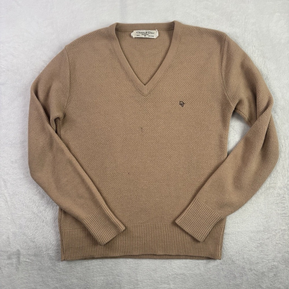 VTG Christian Dior V-Neck Brown LS Knit Sweater Pullover Women's Medium